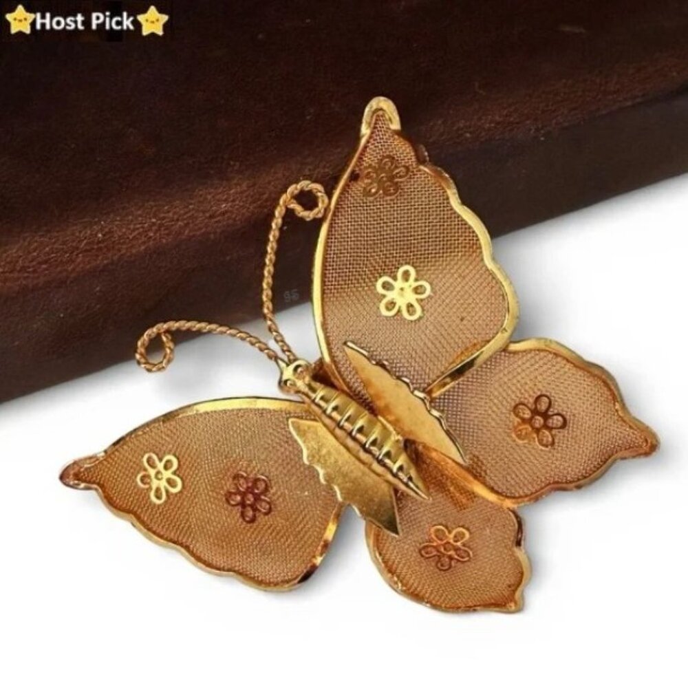 Vintage Gold Tone Mesh Butterfly Brooch, Floral Accents, Mid Century C‑Clasp Pin